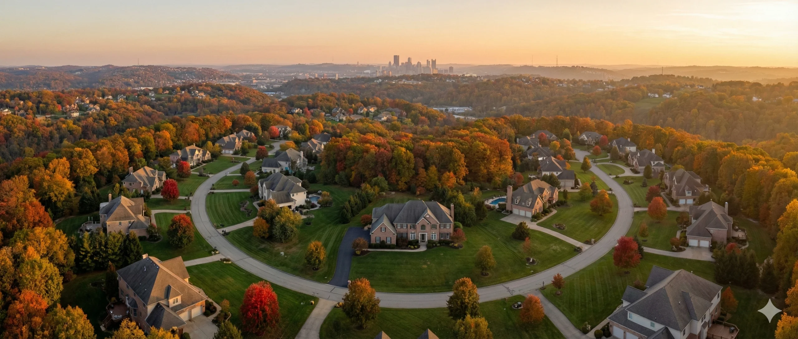 Panoramic view of North Hills Pittsburgh luxury estates and rolling hills at sunset